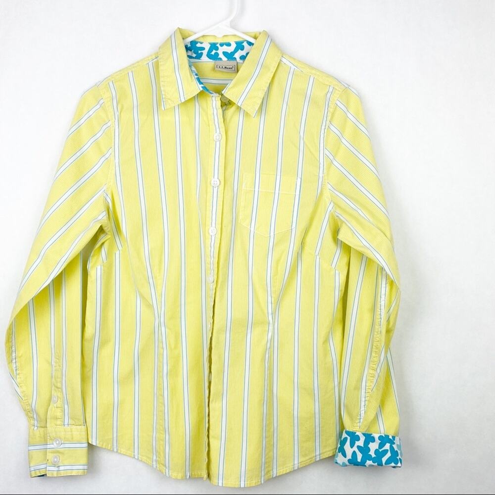 L.L. Bean Striped Shirt Turn Up Cuffs Floral Sz S